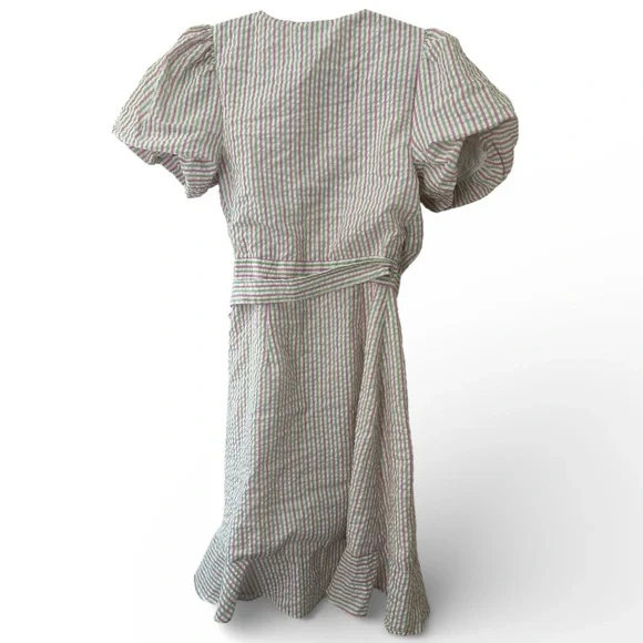 NWOT Draper James RSVP XS Pink Green Striped Seersucker Puff Sleeve Wrap Dress - Picture 7 of 14
